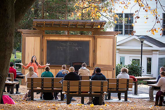 Communications Professor Grace Fala teaching class in Juniata College's outdoor classroom, a gift from the class of 2014
