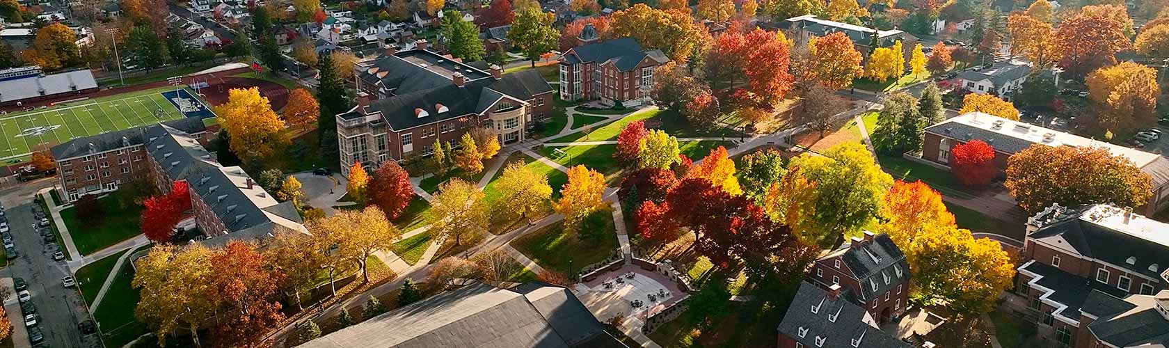 Juniata College campus quad aerial