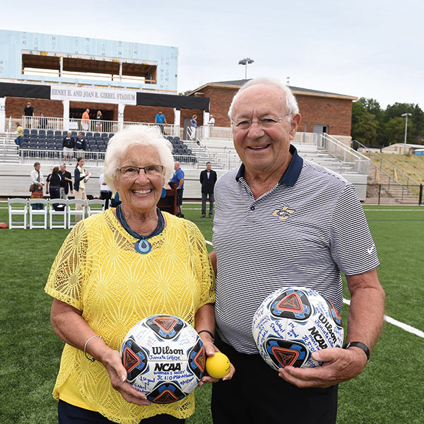Left: Joanie Gibbel and Henry H. Gibbel ’57 attended the dedication of the Winton Hill Athletics Complex and Gibbel Stadium